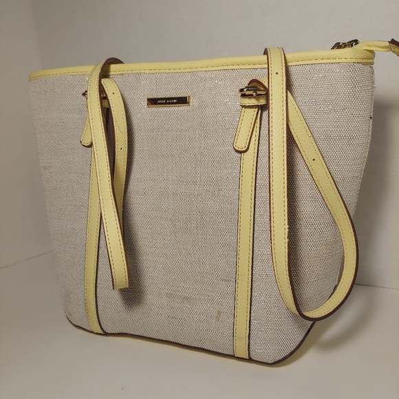 Ann Klein Beige & Yellow Tote Bag Purse Shoulder Bag Metallic Canvas w Wallet - Picture 2 of 14